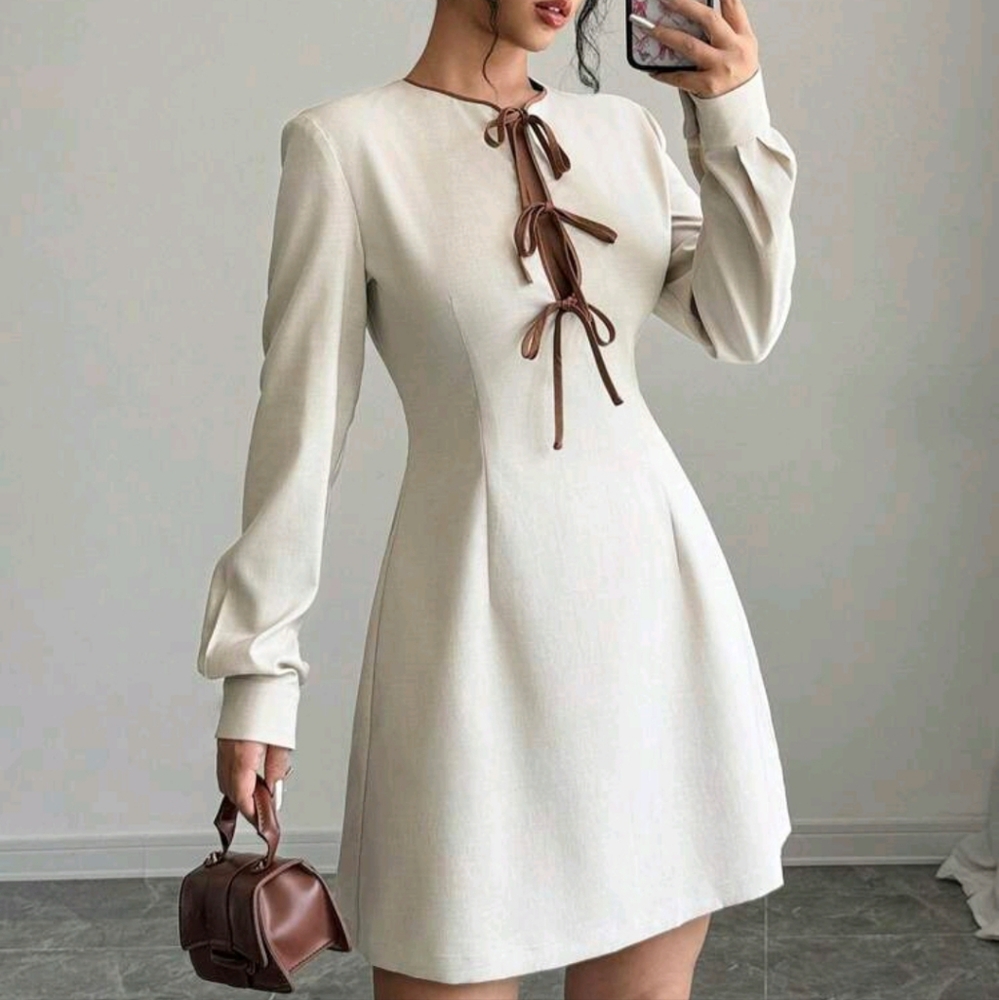 Women's Casual Color Block Drawstring Long Sleeve Dress, Spring/Fall - Picture 2 of 4